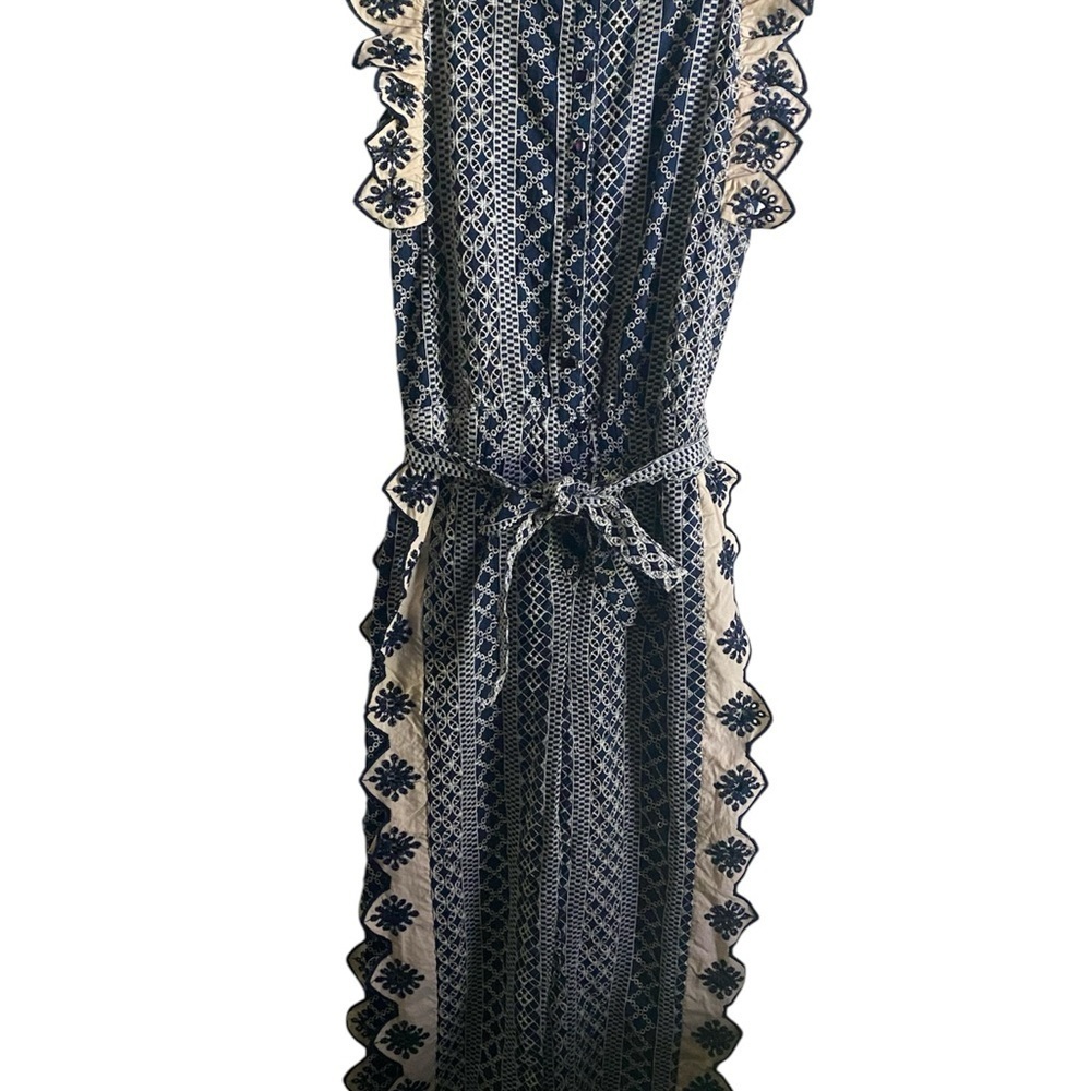 Chloe Laetitia Ruffle Detail Embroidered Eyelet Blue Cream Belted Jumpsuit Sz S - Picture 4 of 16